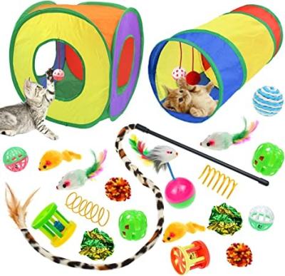 China Safety Amazon Hot Sale 21PCs Package Cat Tunnel Toys Bulk Interactive Mouse Cat Toys Pet Feather Ball Set for sale