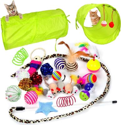 China Amazon Hot Selling Funny Package 20pcs Cat Interactive Toys Safety Set Funny Feather Fishi Tunnel Cat Toys Sets for sale