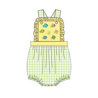 China Polyester/Cotton Boutique Infant Toddler Clothes Kids Girls Gingham Summer Ruffle Bubble Peach Applique Girls Green Romper for sale