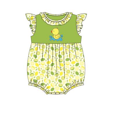 China 2021 Cute Boutique Girl Bubbles Duck Applique Flutter Sleeves Printing Polyester/Cotton Newcomer Babies Ruffle Romper for sale