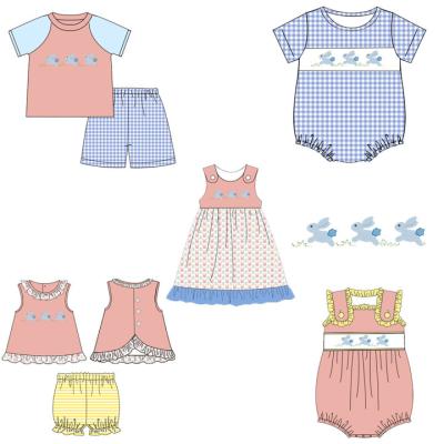 China Polyester/Cotton OEM New Baby Easter Outfits Cotton Seersucker Fabric Baby Blue Gingham Bunny Embroidery Bubble Boy Rompers Cute for sale