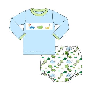 China Newest Casual Designs Boutique Dinosaur Applique Knit Cotton Print Custom Design Embroidery Drop Baby Boys Set for sale