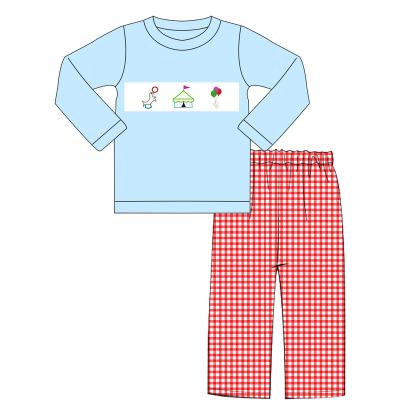 China Boutique Circus Casual Hot Selling Applique Knit Cotton Print Custom Design Red Gingham Fall Baby Boy Set for sale