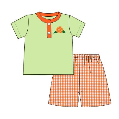 China Puresun Casual New Arrival Wholesale Baby Boy Clothes 2pcs Set Fruit Applique Shirt Gingham Shorts Boys Boutique Outfits for sale