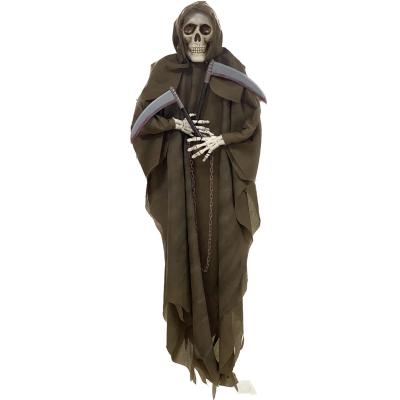 China Styrofoam+Plastic+High Quality Life Size Creeping Halloween Decoration Skull Outdoor Hanging Harvester Metal+Plastic Cloth Halloween Skeleton With Double Scythe for sale