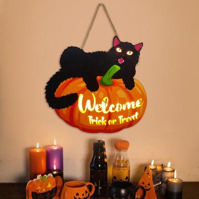 China USA Halloween Pumpkin Black Cat Wooden Door Hanging Lights Folk Arts and Crafts Specifically for Border Crosser for sale