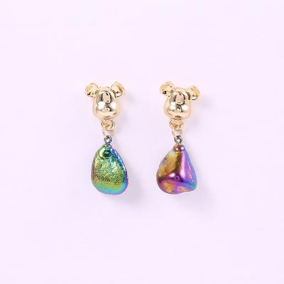 China Vintage New Design Real Natural Stone Jewelry Gold Plated Cute Mickey Aurora Creek Stone Earrings For Women for sale