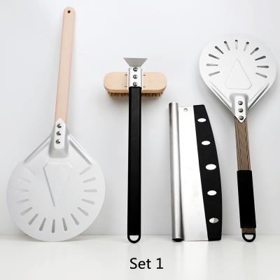 China Viable Aluminum Pizza Skin Set Small Round Perforated Pizza Skin Shovel Tools Rotating Cutter Oven Brush for sale