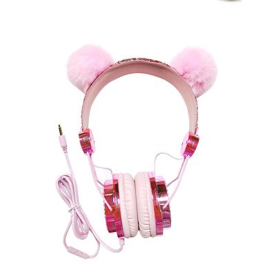 China Hot Pink Cute Ball Glitter Headband Sales Anime Wired Cartoon Noise Canceling Earbuds Headphones Headsets For Christmas Kids Gifts for sale