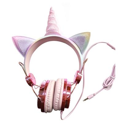 China Soft Cute Unicorn Earphones Kids Cotton Unicorn Headband Children Headphones Stereo Gaming Pink Cable Headset for sale