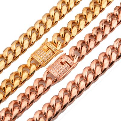 China Hiphop 18k Gold Plated Mens CZ Clasp Miami Cuban Link Chain Full Stainless Steel Hip Hop Necklace for sale