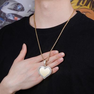 China Custom Hiphop Memory Double Heart Couple Jewelry Hip Hop Copper Zircon Photo Pendant Necklace for sale