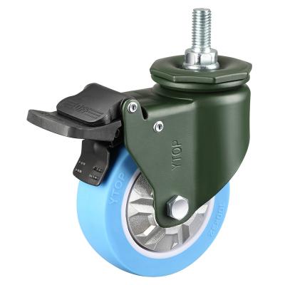 China Extra Heavy Duty Blue Load 100-180kgs PU Threaded Stem Swivel 3 Inch Caster Wheel With Double Brake for sale