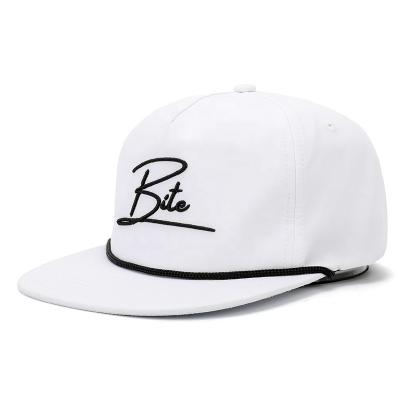 China COMMON Snapback Hat Custom Flat White Cotton 5 Panel Color Logo Embroidery Snap Back Hat With Polyester Rope On The Brim for sale