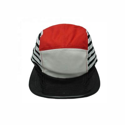 China OEM 2021 Waterproof Stripes And Suede Fabric Label Customized 5 Panel Camp Hat Fashion Headwear Hat With Leather Strap for sale