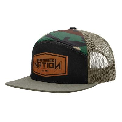 China Custom Leather Mens JOINT Gorras Patch Camouflage Mesh Caps Richardson Flat 7 Panel Trucker Snapback Hats for sale