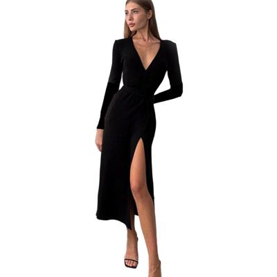 China New Autumn Elegant Woman V Neck Solid Viable Dress Long Sleeve Maxi Dress Women Casual Dress for sale