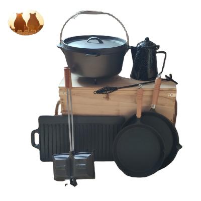 China cast iron camping set with wooden box 25 for sale