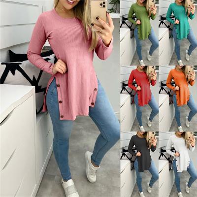 China 2021 Hot Style Women's Breathable Blouse Mine Band Solid Color Round Neck Split Button T-shirt Long Sleeve Women for sale