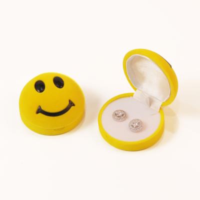 China Mini Smiley Face Cute Yellow Gift Jewelry Packaging Ring Box Earrings Customized Logo Flocking Jewelry Package for sale