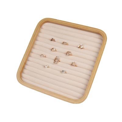 China Manufacturer Eco-friendly Nature Bamboo Jewelry Tray Wholesale Beige Velvet Rings Holder With Sponge for sale