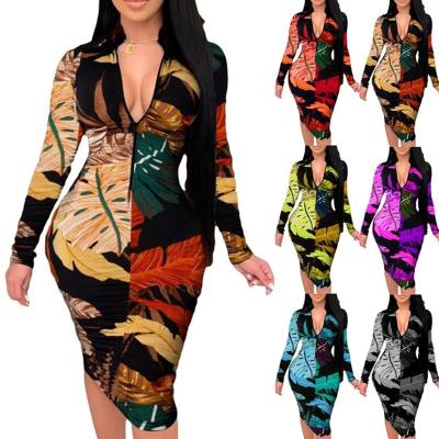 China Autumn Fashion Design Women's Breathable Clothing Zipper Printing Maxi Dress Ladies Sexy Casual Women's Dresses for sale