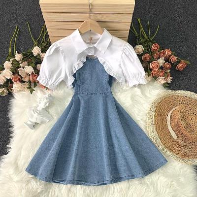 China Breathable Breathable Suspender Mid Length Dress Denim Dress Shirt Suit Fashion Summer Two Piece Set for sale