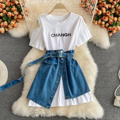 China Two-Piece Set Off-The-Shoulder T-Shirt Dress Mid-Length Skirt Summer Irregular Breathable Breathable Fashion Dress for sale