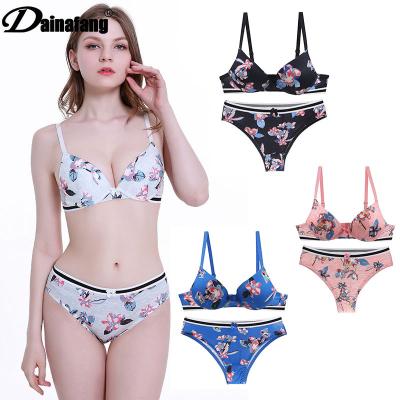 China Breathable Bra Set Women's Breathable Bra Printed Panties Sets Plus Size Bralette Underwear Lift Up Bra And Brief Sets for sale