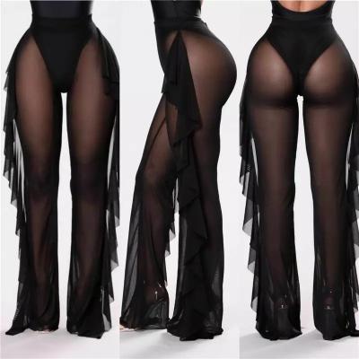 China Breathable Breathable Bikini Cover Up Sheer Mesh Ruffle Bottoms Plus Size Beach Wear Swimsuit Pants Women Loose Sexy Long Pants for sale