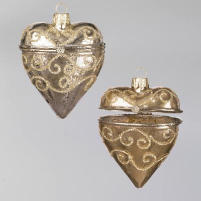 China Europe GOLD HEART GLASS BOX ORNAMENT set of 2 for sale