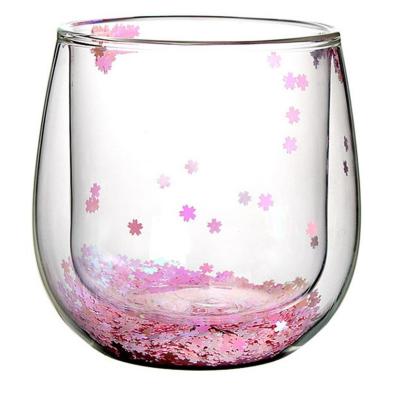 China Art Decor 300ml Double Wall Glass Mug With Confetti Glitter Romantic Drinking Cup Tumbler for sale