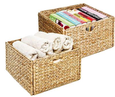 China 2 Pack Sustainable Eco Friendly Foldable Handwoven With Water Hyacinth Cube Storage Basket Bin Natural Water Hyacinth for sale