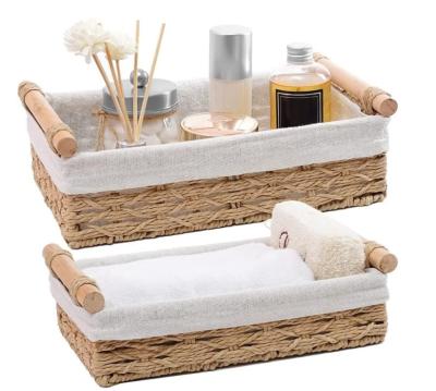 China Sustainable Eco Friendly Round Rope Paper Storage Basket Wicker Baskets For Organizing With Liner With Wooden Handle for sale