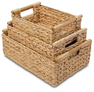 China Eco Friendly Wicker Baskets For Organizing Water Hyacinth Storage Baskets With Built In Wooden Handles for sale