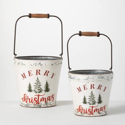 China Traditional MERRY CHRISTMAS METAL BUCKET WITH WOODEN HANDLE SET 2 for sale