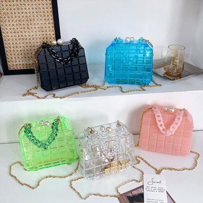 China High Quality Fashion Box Transparent Acrylic Purses And Handbags For Women Chain Shoulder Bag Plaid Pearl Buckle Party Clutch Designer Bag for sale