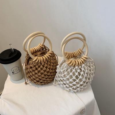 China 2021 New Fashion Women Girl Cotton Waterproof Handbag Summer Beach Style Drawstring Drawstring Wooden Bucket Tote Purse Bags For Women for sale