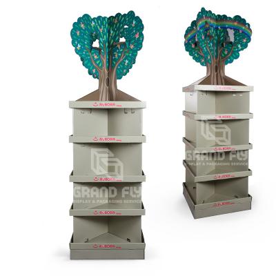 China Custom Creative Customized Tree Shaped Corrugated Cardboard Floor Four Sided Paper Display Stand for sale