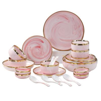 China Gold Stocked Marbling Ceramic Cuttlery Powder Edge Bowl Dish Set Border and Household Supply for sale