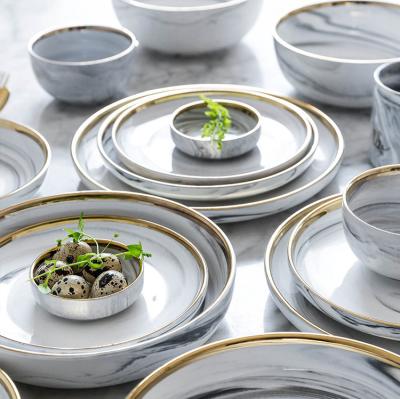 China European Gold Rim Dinnerware Household Bowls And Dishes Stocked Gray Marble Ceramic Ceramic Set for sale