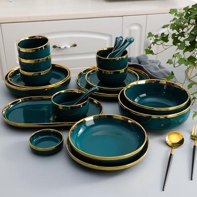 China Stocked Border Ceramic Bowl And Chopsticks Set Peacock Dish Green Dish Ceramic Bowl Plate Gold Rim Tableware Gift Set Wholesa for sale