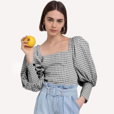 China QUICK DRY 2021 Vintage Fashion Square Collar Lantern Sleeve Gingham Tops Casual Plaid Shirt Women Office Black White Blouse Ladies for sale