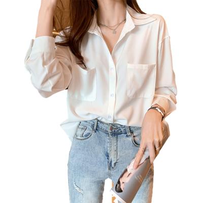 China Anti-Shrink White Shirts For Women Turn-Down Collar Pockets Women Blouse Tops Female Feminine Elegant Work Wear Tops 2021 for sale