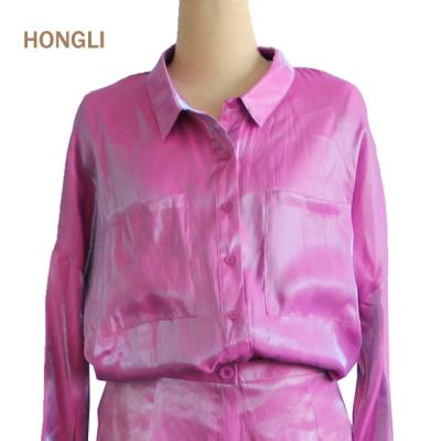 China Spring New Arrival Anti-Shrink Womens Clothes Long Sleeve Button Down Shiny Purple Satin Shirt for sale