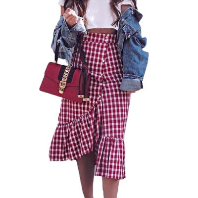 China Cotton Club Breathable High Waist Check Gingham Midi Skirt Ruffled Plaid Female Red White Empire Long Skirt Summer Spring Skirts for sale