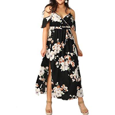 China 2021 New Arrival Breathable Women Plus Size Dress Floral Printing Off The Shoulder Slit Dress for sale