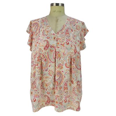 China 2021 Summer Anti Shrink Floral Blouses Plus Size Casual 100% Polyester Short Sleeve V-Neck Women Tops for sale