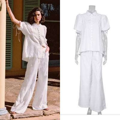 China Anti-wrinkle urban clothing women two piece set 2021 summer cotton pants 2 piece drawstring office wide leg loose white canvas pants for sale