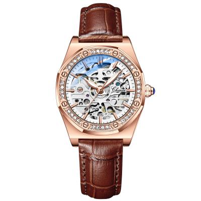 China New Cow Updated/Date Stainless Steel Leather Strap Alloy Strap Case Skeleton Waterproof Luminous Wrist Watch Mechanical Watches For Women for sale